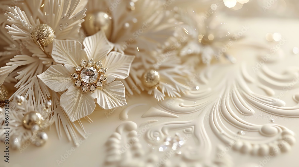 Closeup of delicate white floral design with gold and pearl accents on a cake. Closeup of delicate white floral design with gold and pearl accents on a cake.