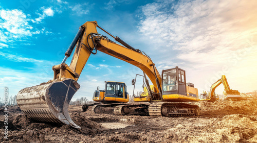 Heavy machinery operating at a construction site with excavators and bulldozers