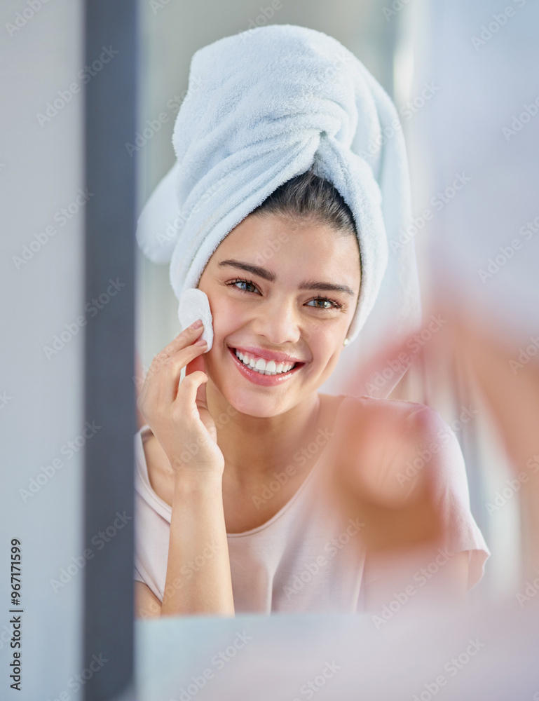 Cotton, mirror or happy woman in bathroom with beauty, glow or smile for wellness or cleaning in home. Face, towel or girl with confidence, cosmetics results or facial skincare for makeup removal pad Cotton, mirror or happy woman in bathroom with beauty, glow or smile for wellness or cleaning in home. Face, towel or girl with confidence, cosmetics results or facial skincare for makeup removal pad