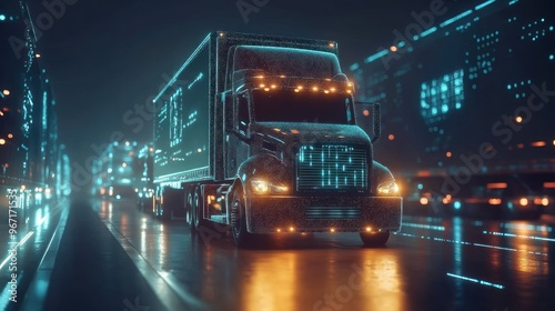 Futuristic Semi-Truck Driving on a Wet City Street at Night