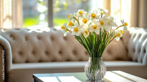 Cozy living room interior featuring a plush sofa, elegant coffee table with a vase of narcissus flowers, bright and airy space with natural light