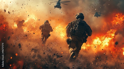 Dramatic scene of soldiers advancing through explosion and smoke during a battlefield tactical operation.