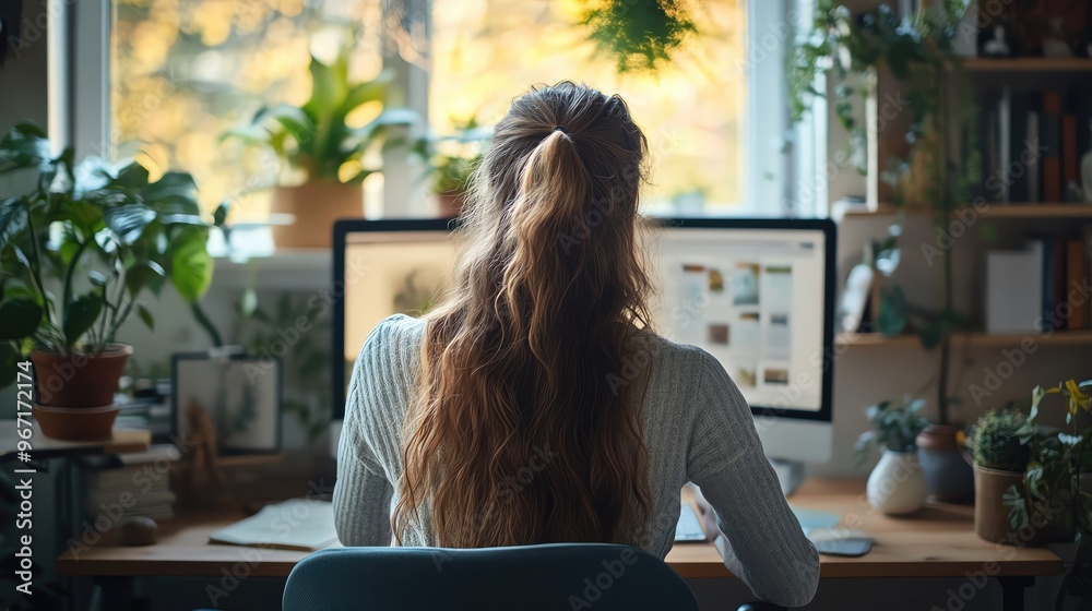 Young woman working at a desk with computer, surrounded by indoor plants, creating a calm and inspiring workspace atmosphere. Young woman working at a desk with computer, surrounded by indoor plants, creating a calm and inspiring workspace atmosphere.