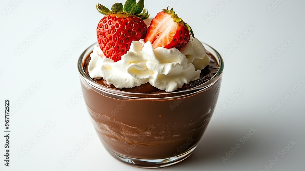 Creamy chocolate pudding in a glass container, topped with a fresh strawberry and whipped cream, with a bright white background to emphasize its smooth texture Creamy chocolate pudding in a glass container, topped with a fresh strawberry and whipped cream, with a bright white background to emphasize its smooth texture