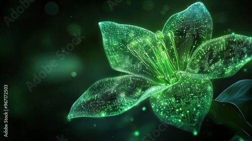 Glowing AI-infused flower with circuit petals