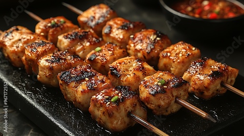 Grilled skewers of marinated meat served on a stone platter.