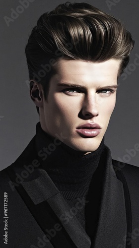 Male Fashion Model with Slicked Back Hair in Black Suit. photo