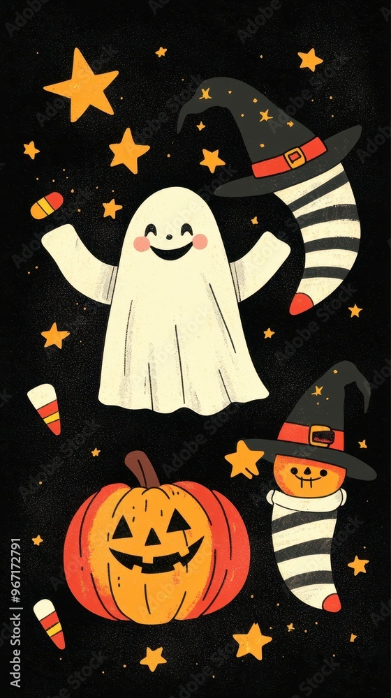 A cheerful ghost dances among stars, surrounded by a carved pumpkin, candy corn, and a friendly figure in a witch hat, perfect for Halloween A cheerful ghost dances among stars, surrounded by a carved pumpkin, candy corn, and a friendly figure in a witch hat, perfect for Halloween