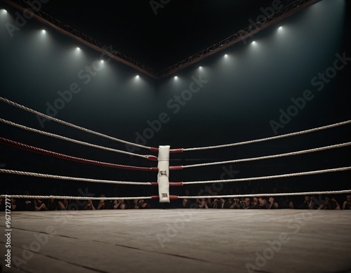 Wallpaper Mural A dimly spotlight corner of a boxing ring surrounded by ropes on a dark isolated background. Ai generated images Torontodigital.ca