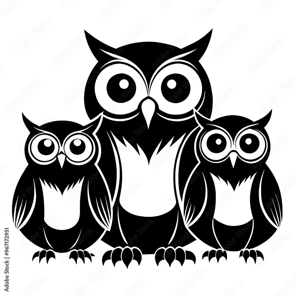 Three owlets are portrayed in black silhouette resting closely on one another showcasing their distinctive features against a bright white background Three owlets are portrayed in black silhouette resting closely on one another showcasing their distinctive features against a bright white background