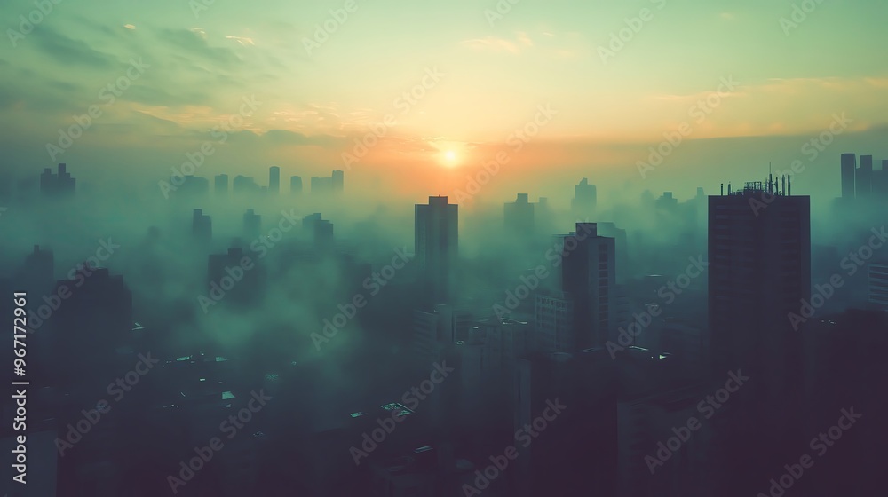 Fototapeta premium A breathtaking urban sunrise amidst fog and skyscrapers, capturing the beauty of a city waking up to a new day.