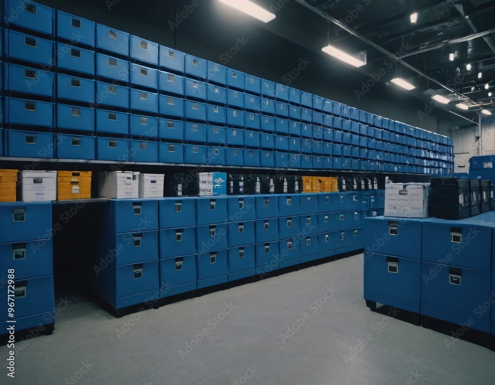Automated self-service blue terminal for goods storage ordered from online stores and card boxes in cells. Ai generated images Automated self-service blue terminal for goods storage ordered from online stores and card boxes in cells. Ai generated images