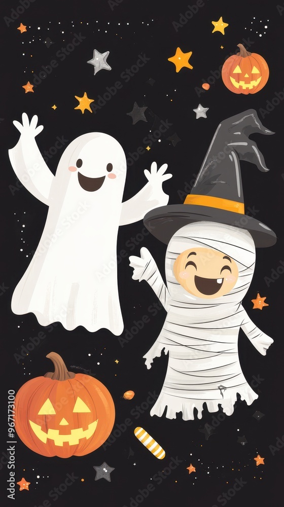 Two joyful Halloween characters, a ghost and a mummy, surrounded by pumpkins and stars, capture the festive spirit of Halloween night Two joyful Halloween characters, a ghost and a mummy, surrounded by pumpkins and stars, capture the festive spirit of Halloween night