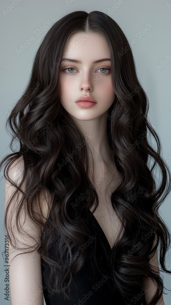 Naklejka premium How does the symmetrical, wavy flow of the womans hair contribute to a sense of elegance and timeless beauty in this image