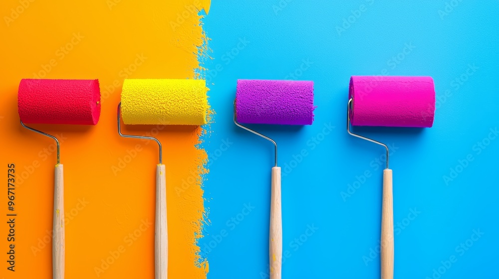 How does the symmetry in the paint rollers movement and the even division of colors create a visually striking balance in this image How does the symmetry in the paint rollers movement and the even division of colors create a visually striking balance in this image