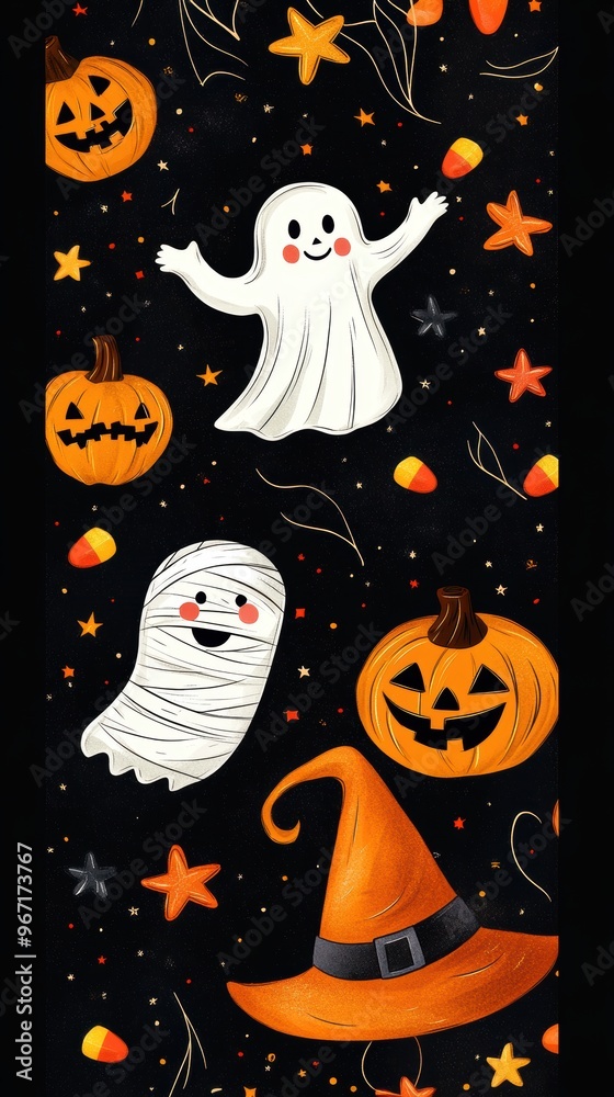 A delightful Halloween vector design showcases playful ghosts, carved pumpkins, and a witch's hat against a starry black backdrop A delightful Halloween vector design showcases playful ghosts, carved pumpkins, and a witch's hat against a starry black backdrop