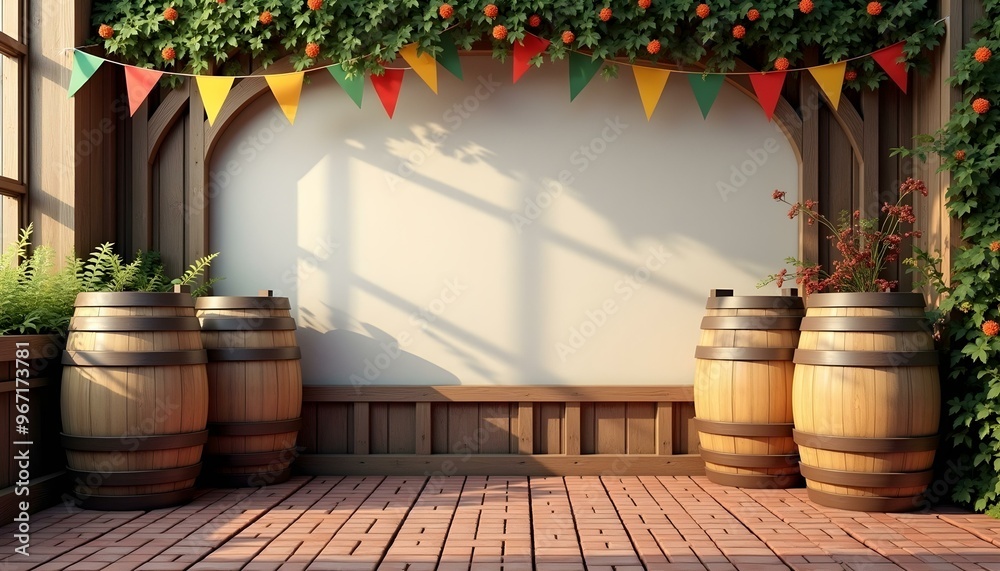 Fototapeta premium Rustic Oktoberfest-inspired scene mockup featuring traditional beer mugs, wooden barrels, and festive decorations. Ideal for scene creators, seasonal celebrations, beer festivals, autumn-themed mockup