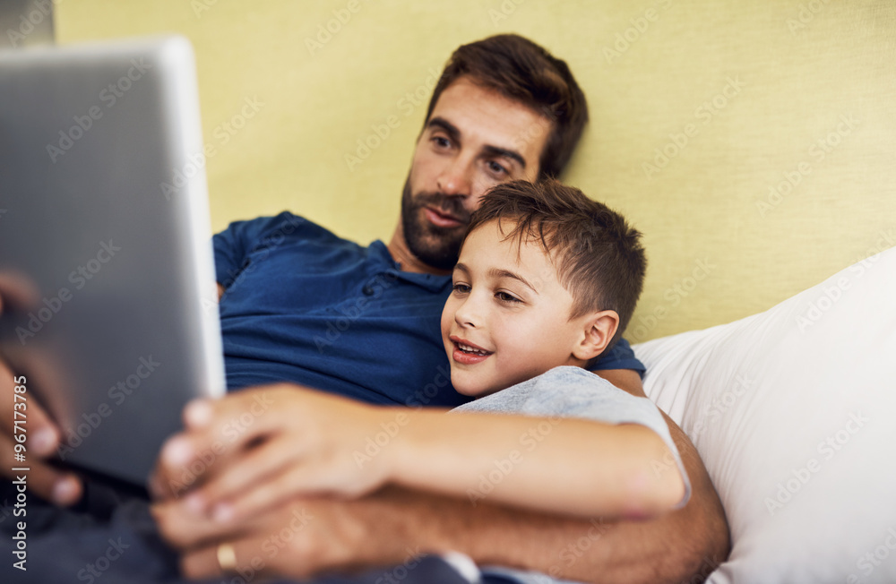 Relax, tablet and love with father and son for live streaming, subscription service and technology. Social media, happiness and app with man and child in family home for internet, digital and website Relax, tablet and love with father and son for live streaming, subscription service and technology. Social media, happiness and app with man and child in family home for internet, digital and website
