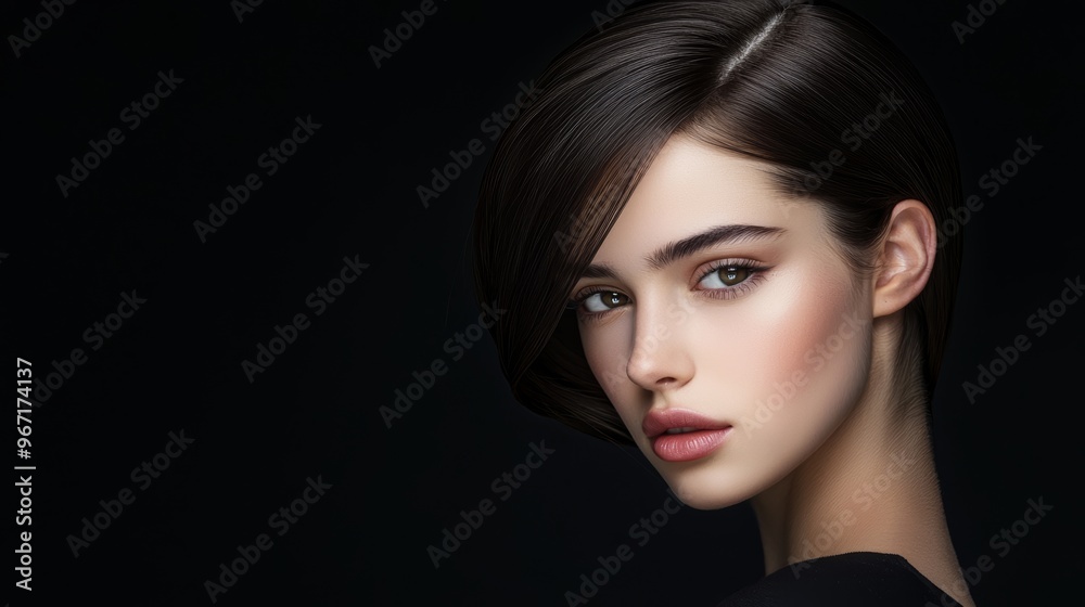 Fototapeta premium How does the symmetry in the womans hairstyle, with its smooth and flowing texture, contribute to the overall elegance and balance of her look