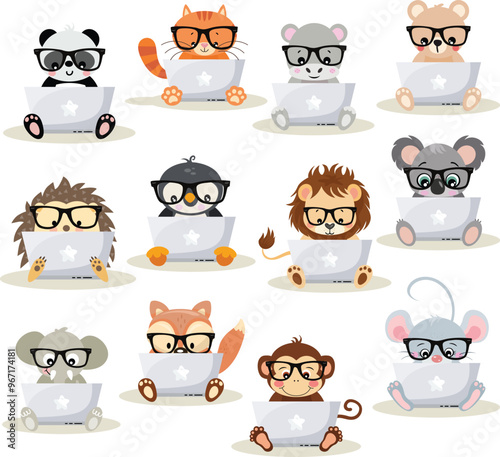 Set digital collage of cute animals working with laptop