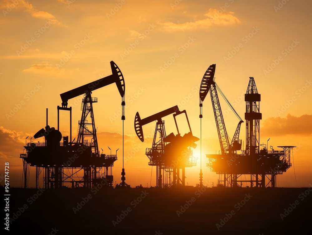Silhouetted oil rigs pump crude oil at sunset, a powerful image of energy production. Silhouetted oil rigs pump crude oil at sunset, a powerful image of energy production.