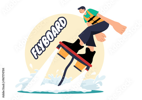Flyboard Vector Illustration featuring People Riding a Jet Pack during Summer Beach Vacations in a Flat Style Extreme Water Sports Cartoon Background