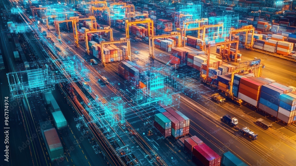 Aerial View of a Busy Container Port at Night with Digital Overlay Aerial View of a Busy Container Port at Night with Digital Overlay