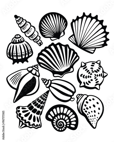 A collection of black and white detailed seashells, each with unique patterns and textures.