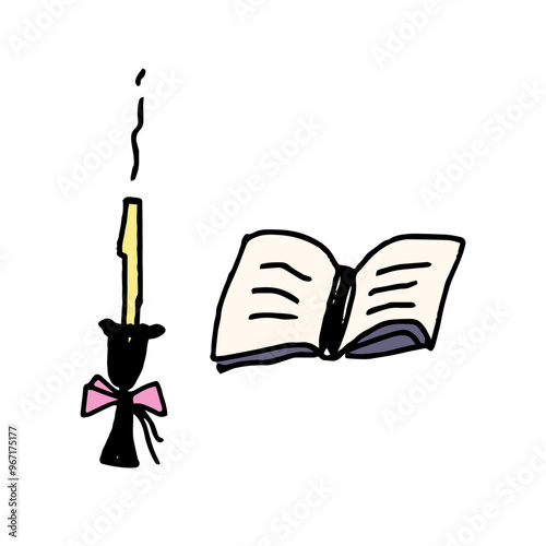 romantic mood: an extinguished candle and a notebook. Childish naive design, doodle vector art style.