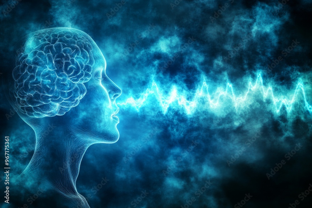 Nervous system mental function glowing electrical signal and augmented vision profile of a human brain with sound waves symbolizing communication and mental resonance Nervous system mental function glowing electrical signal and augmented vision profile of a human brain with sound waves symbolizing communication and mental resonance