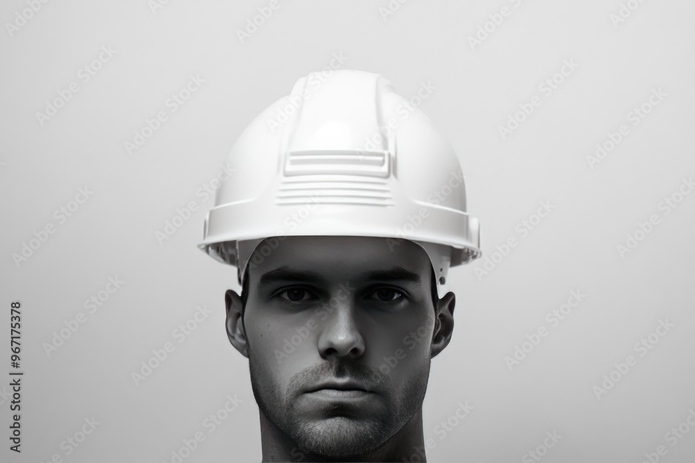 A Man Wearing a White Hard Hat with a Serious Expression A Man Wearing a White Hard Hat with a Serious Expression