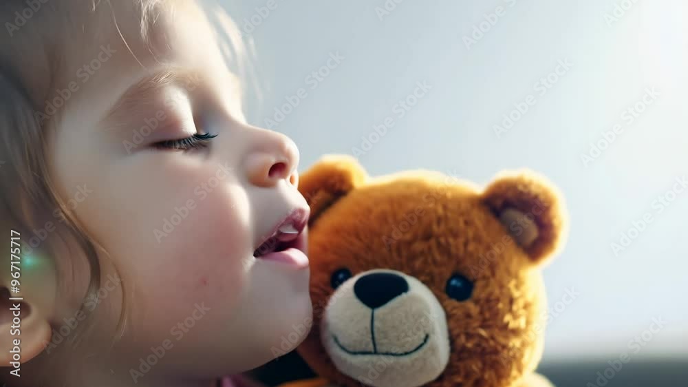 A young girl hugs a teddy bear with a gentle smile and closed eyes. A young girl hugs a teddy bear with a gentle smile and closed eyes.