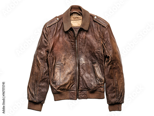 a brown leather jacket with a white background