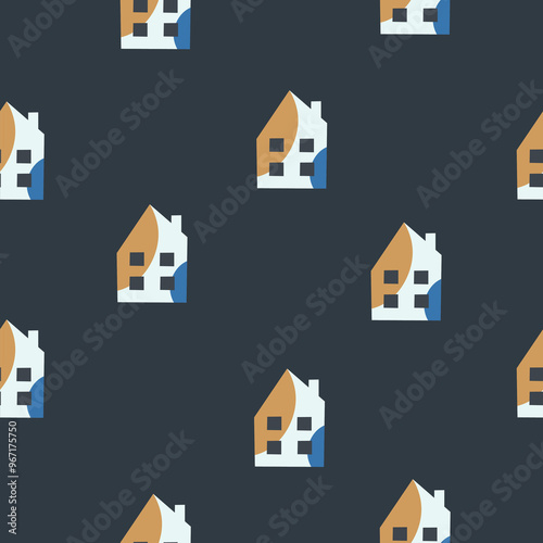 Seamless pattern with cute houses. Template for Notebook covers, cover design, business advertisement, pattern for wallpapers, textile etc. Childish naive art style for real estate