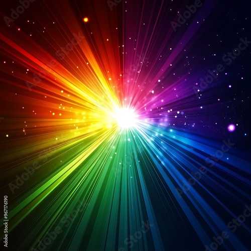 A burst of colorful light rays forming an abstract pattern, representing the spread of information. Dark background 