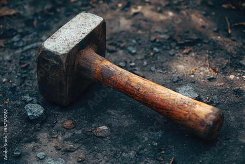 Weathered Wooden Hammer on Rough, Dark Surface