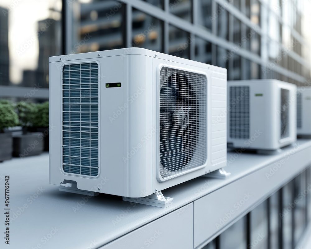 Three white air conditioning units on a rooftop with a city skyline in the background. Three white air conditioning units on a rooftop with a city skyline in the background.