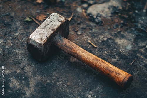 A Rusty Metal and Wooden Sledgehammer on a Gray Surface