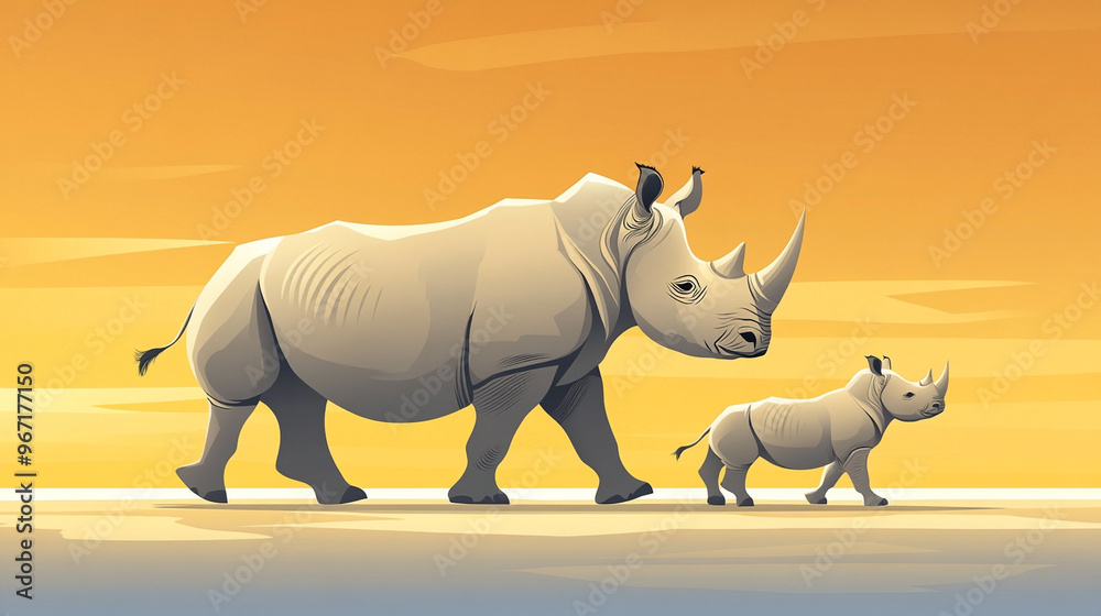 Fototapeta premium A vector illustration of a rhino family, a mother and calf walking together