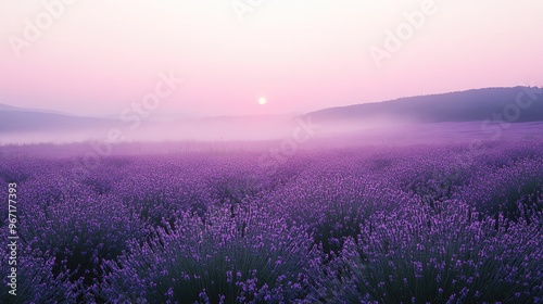 A serene lavender field at sunrise, showcasing beautiful purple hues and a peaceful, misty atmosphere. Ideal for relaxation themes.