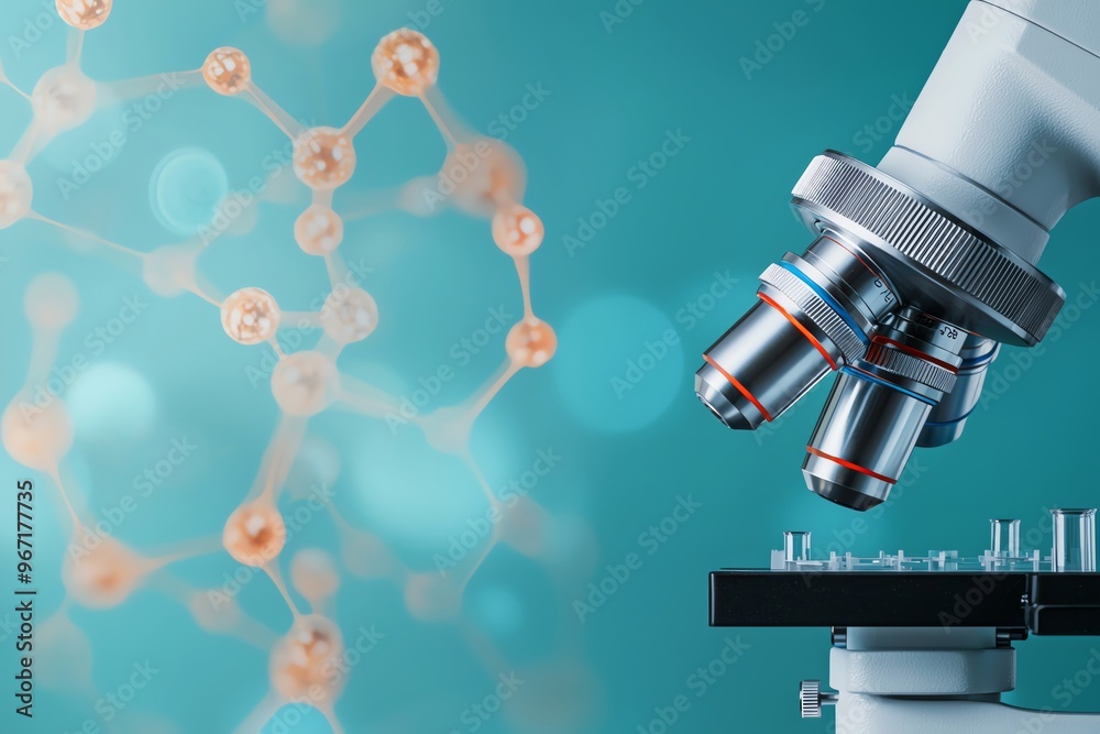 Close-up of a microscope with molecular structures in the background, representing scientific research and discovery. Close-up of a microscope with molecular structures in the background, representing scientific research and discovery.