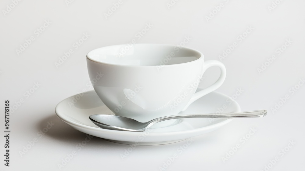 White Ceramic Cup and Saucer with Spoon on Plain Background White Ceramic Cup and Saucer with Spoon on Plain Background