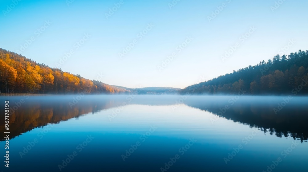 Fototapeta premium Serene lake with misty morning fog reflecting trees and hills. Peaceful landscape.