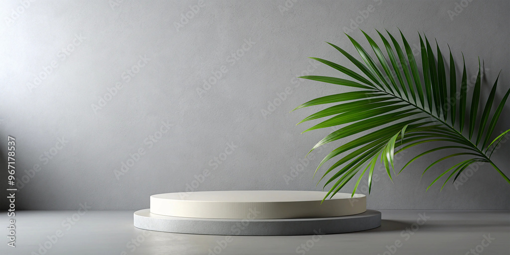 Minimal abstract cosmetic background for product presentation. podium and green palm leaf on grey color background. 3d render illustration. Object isolate clipping path included.