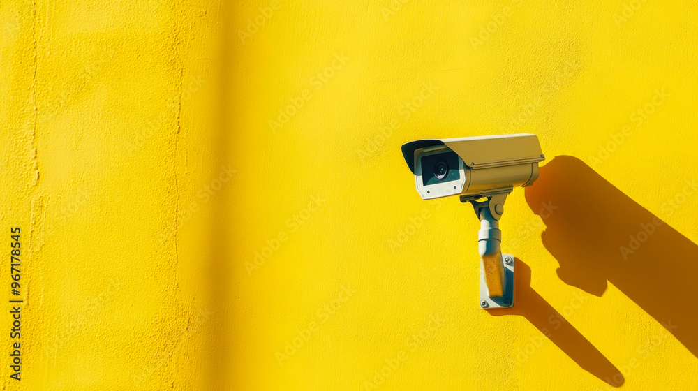 Yellow wall with a security camera mounted, capturing surroundings in daylight Yellow wall with a security camera mounted, capturing surroundings in daylight