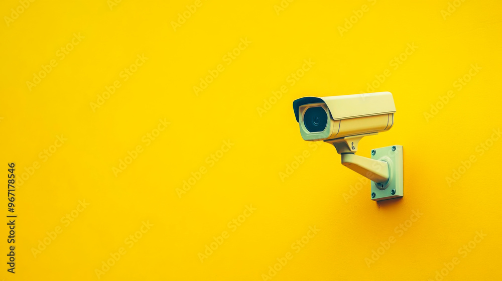 Security camera mounted on a bright yellow wall in an urban setting Security camera mounted on a bright yellow wall in an urban setting