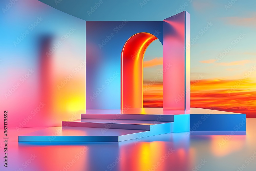 Vibrant abstract scene featuring a colorful archway and illuminated platforms against a stunning sunset backdrop. Vibrant abstract scene featuring a colorful archway and illuminated platforms against a stunning sunset backdrop.