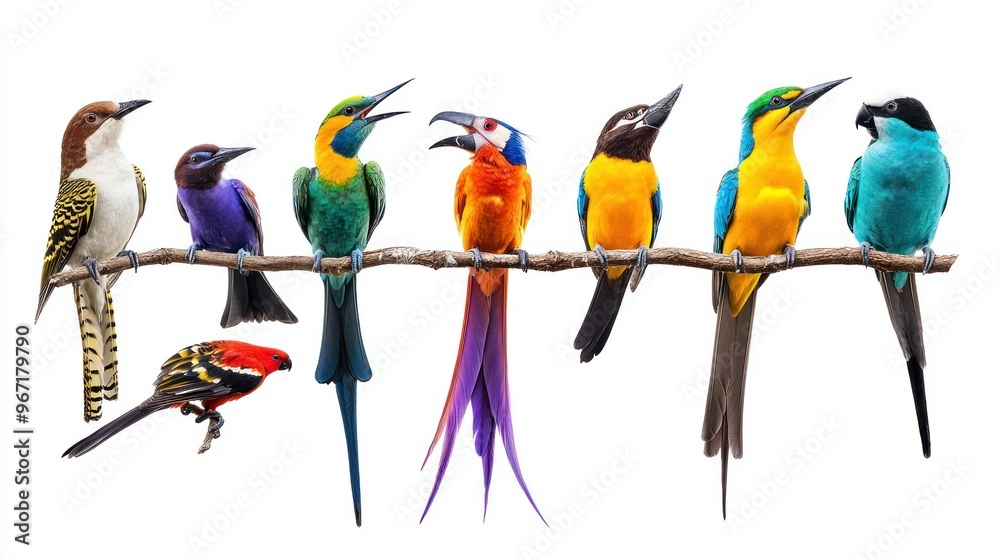 Obraz premium Colorful Birds Perched on a Branch Against a White Background