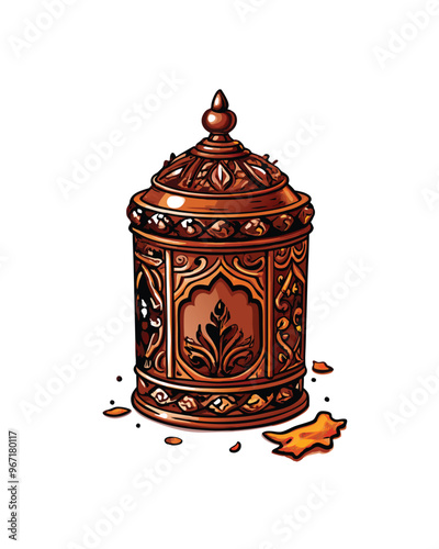 A detailed illustration of a Victorian tea caddy with intricate carvings and a lid with a knob.