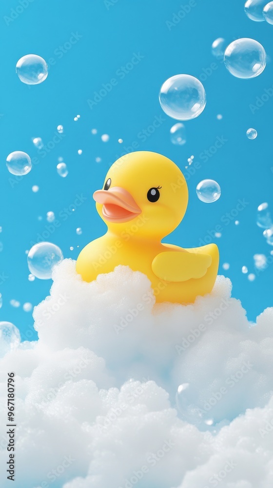 Yellow rubber duck on bubbly foam with blue sky background Yellow rubber duck on bubbly foam with blue sky background